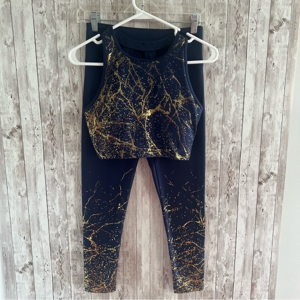 Marika Navy and Gold Metallic Foil Splatter Leggings Sports bra Set Medium